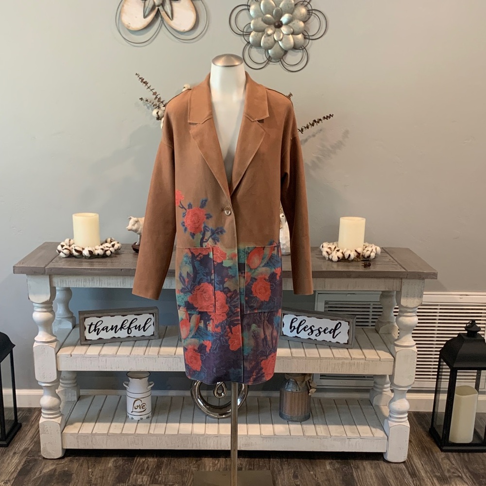 Floral Tan Jacket with Red and Blue Accents
